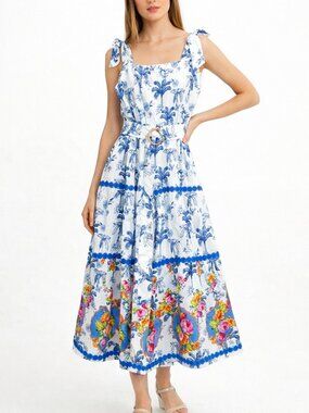 EMILY LOVELOCK BLUE TOILE/ WHITE BELTED MIDI DRESS SIZE MEDIUM